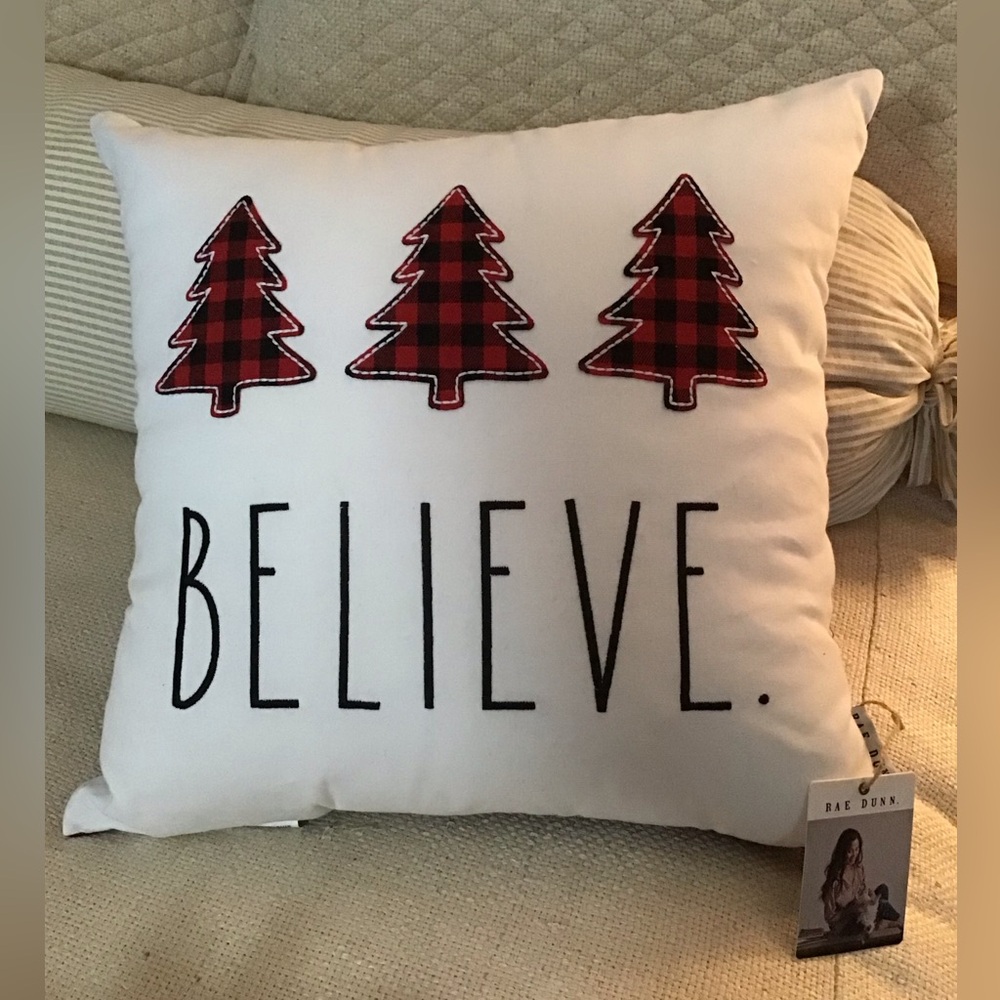 Rae Dunn Christmas pillow BELIEVE. NWT